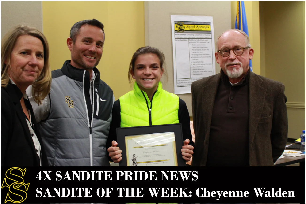 Left to right: Superintendent Sherry Durkee, Cross Country Head Coach Chris Corbin, Sandite of the Week Cheyenne Walden, Mayor and CC Assistant Coach Mike Burdge.