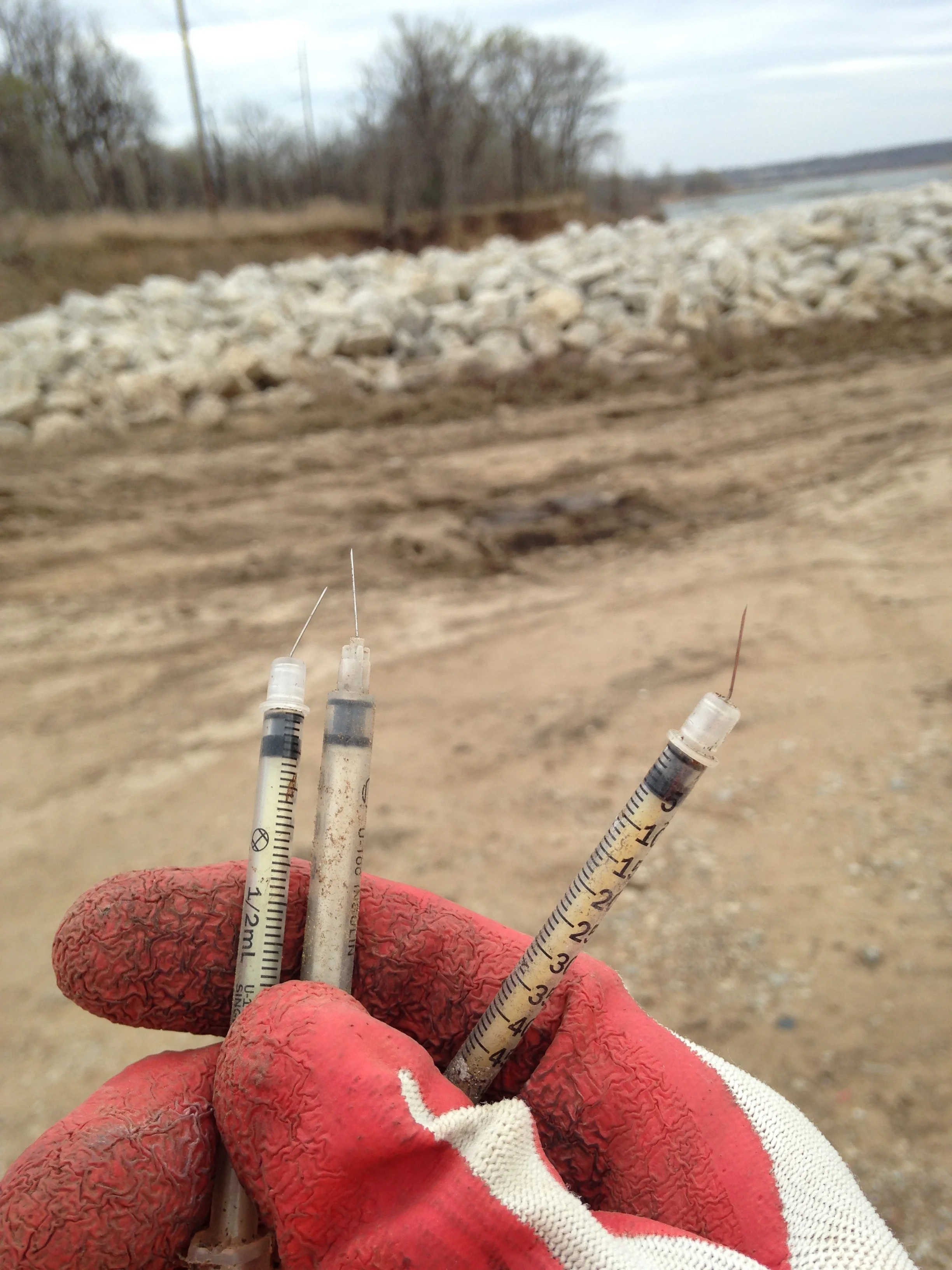 More than thirty syringes were recovered from the Arkansas shoreline. (Submitted).