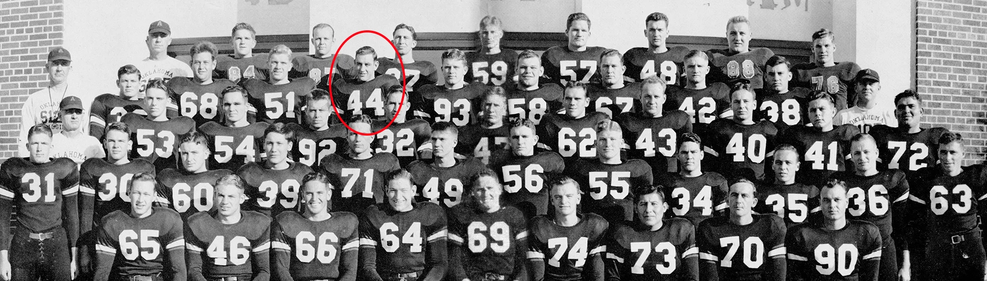 1945 Oklahoma A&M National Champion team. Hankins can be seen in the second row from the top, four positions to the right of Head Coach Jim Lookabaugh. 