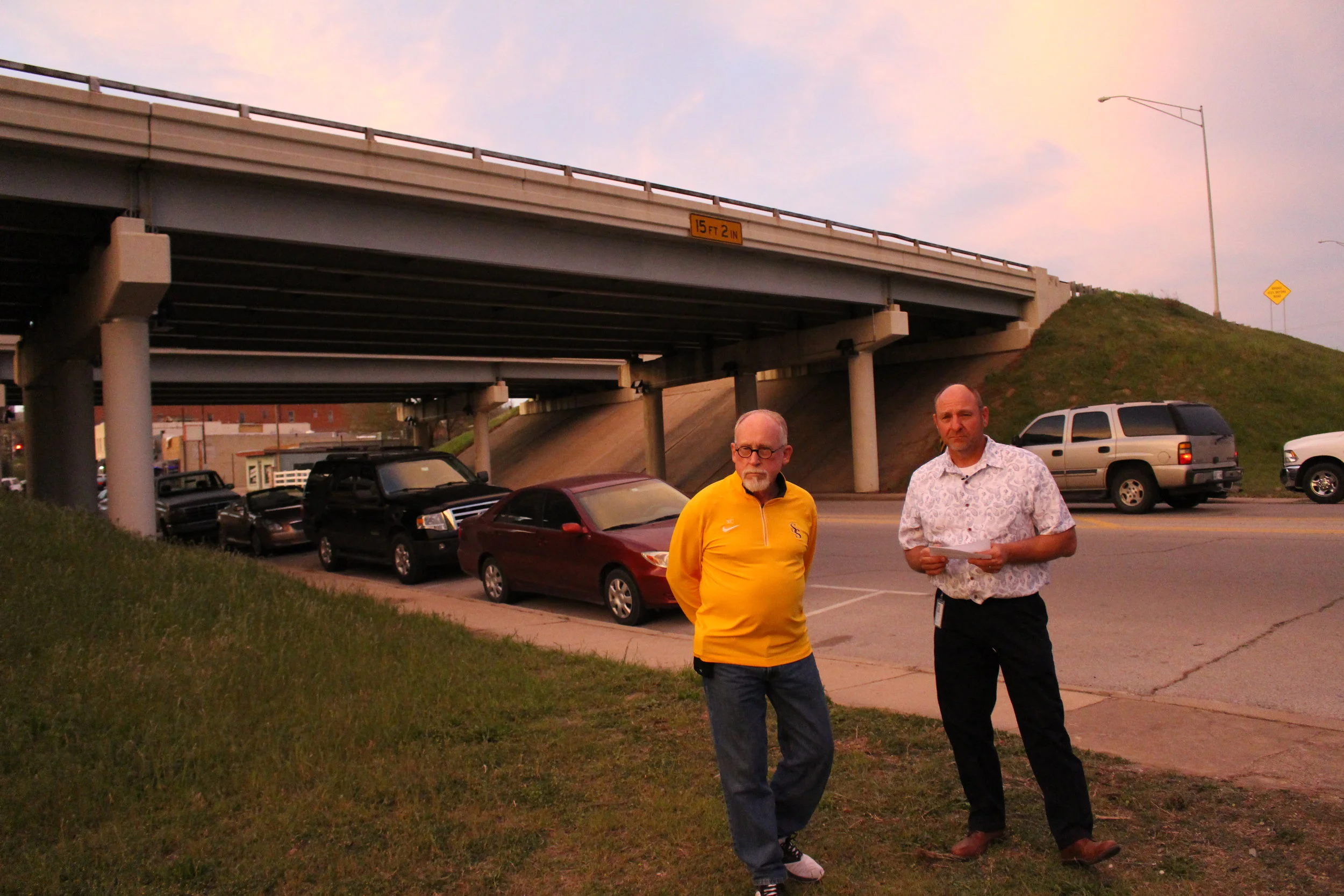  Sand Springs Mayor Mike Burdge (left) and Community Development Director Grant Gerondale (right) speak at the unveiling of the Main Street LED Light project.&nbsp; 