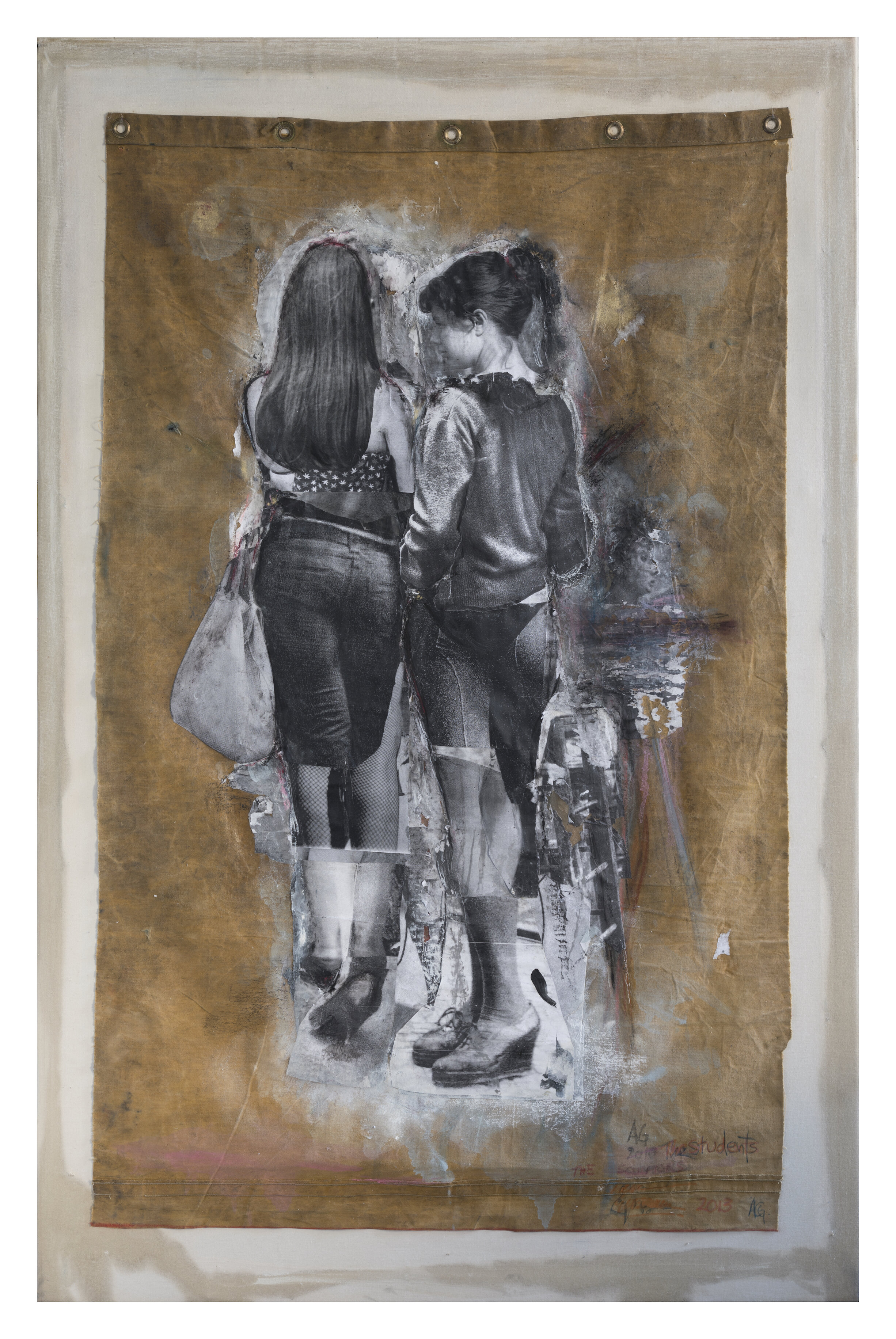  Angela Grossmann, Students, 2013, Collage on Vintage Tent Canvas, 66.25 x 42.25 inches 