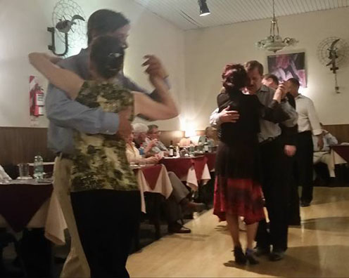 Ananda on the left in the green top dancing Tango in Buenos Aries, Dec 2015.