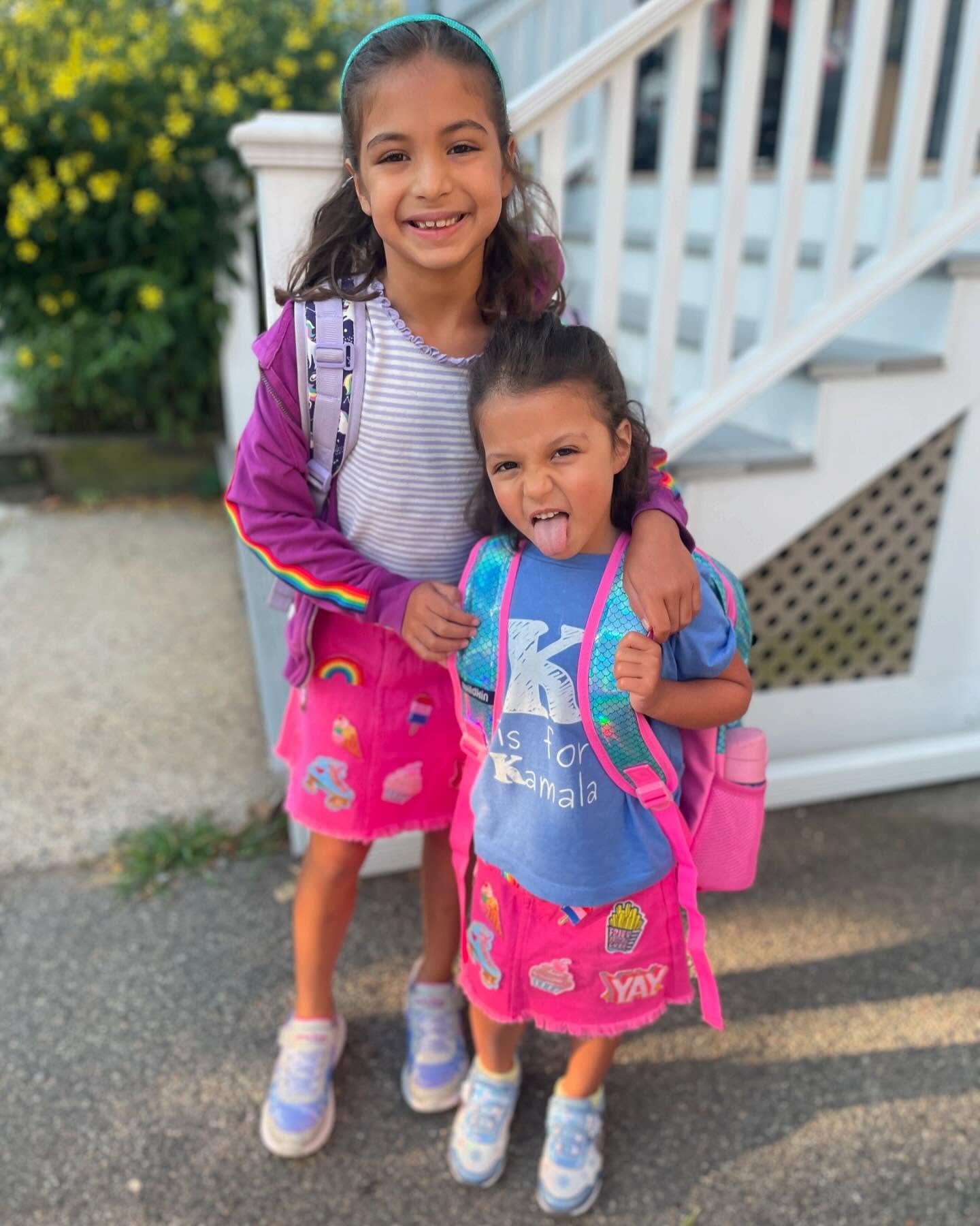 K is for Kamala and Kavya and (pre)K, and these sisters are off and running! All kids deserve to go to school with joy, curiosity, and without fear. Vote like a mother this November, for your kids and mine and complete strangers&rsquo; too.