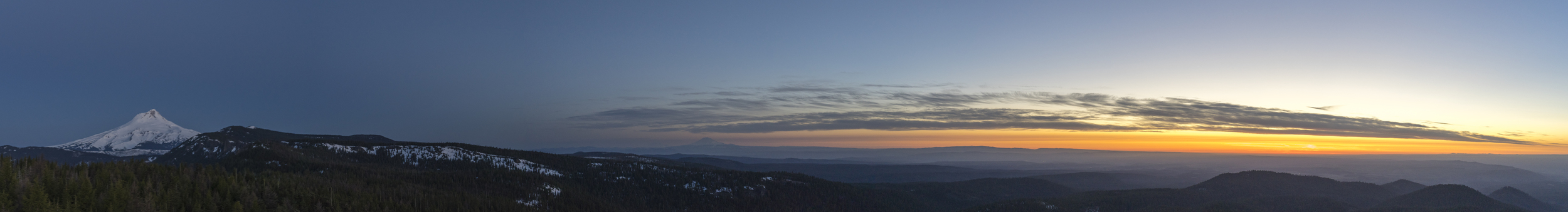 Sunrise from Flag Point Lookout tower near Mt Hood. West to East. Mt Adams and Rainier in the distance to the North.