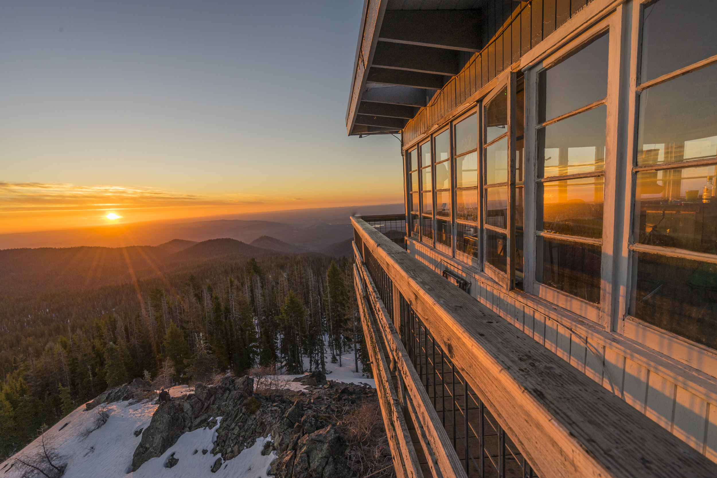 Sunrise from Flag Point lookout tower near Mt Hood.