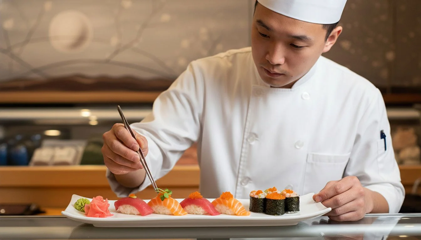 Brian Li, Owner of Mizu Hibachi Restaurant, using tweezers to meticulously garnish a fresh sushi and nigiri plate.