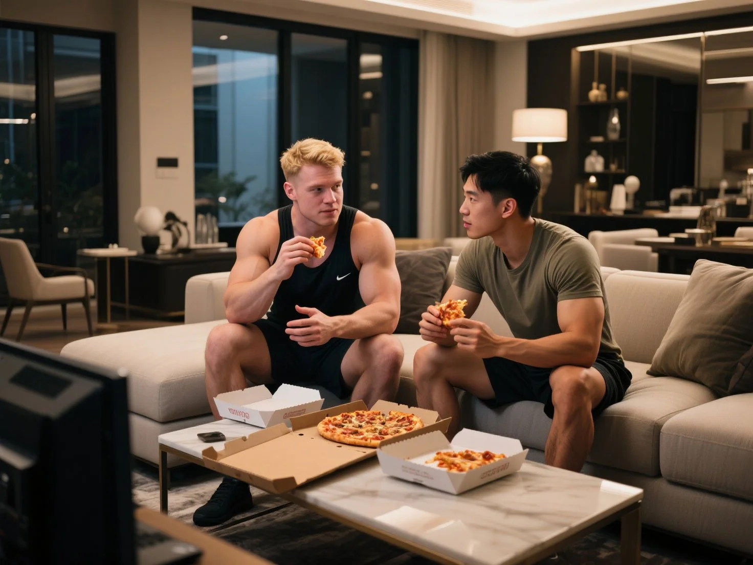 Two young men sitting on a sofa in a modern living room, eating pizza. One man is wearing a black sports tank top, and the other is wearing a gray t-shirt. Pizza boxes are on the coffee table in front of them, and they are engaging in conversation.