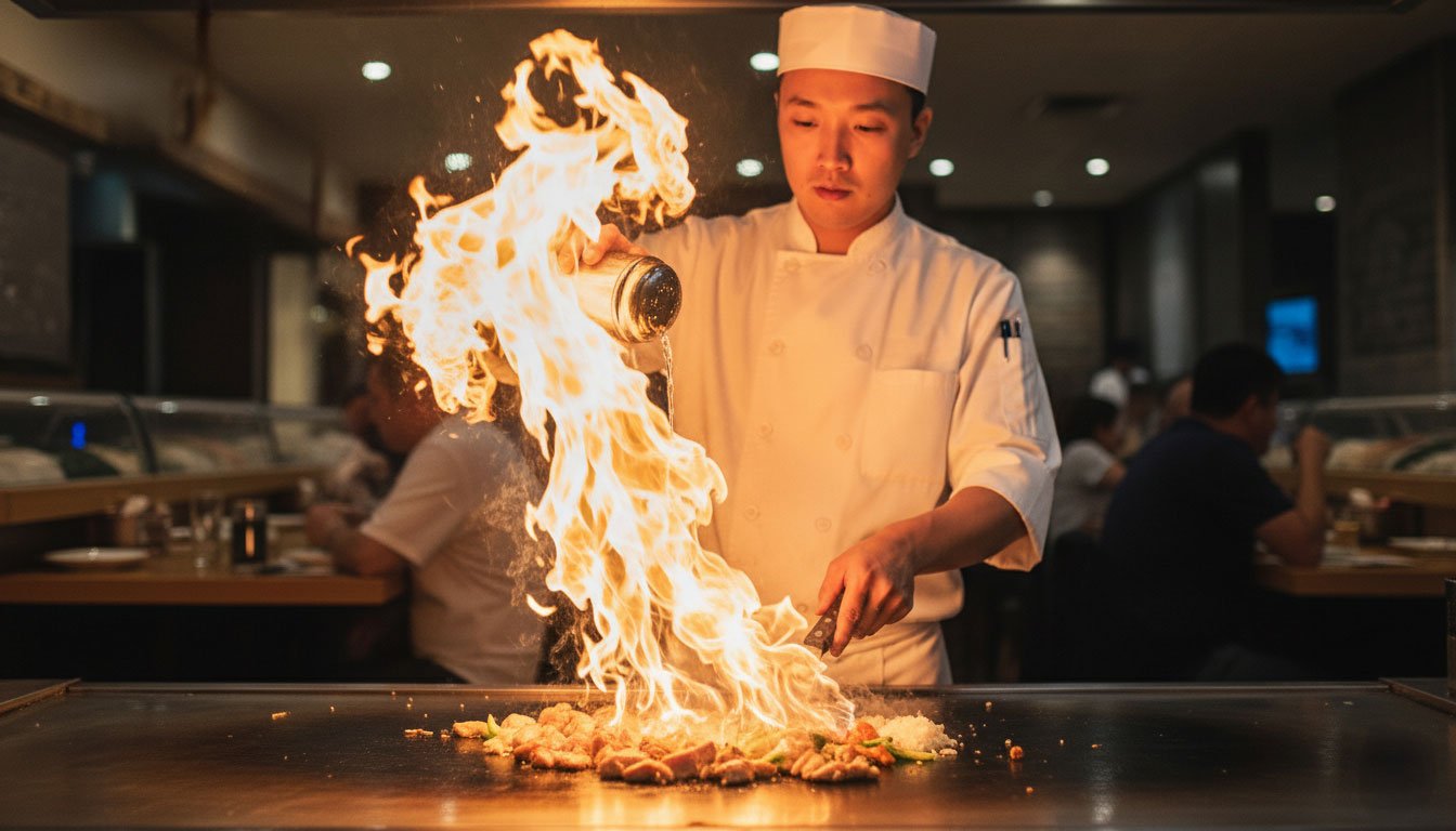 Hibachi chef cooking over flames, preventing equipment breakdown for fixed commercial equipment like flat griddles.