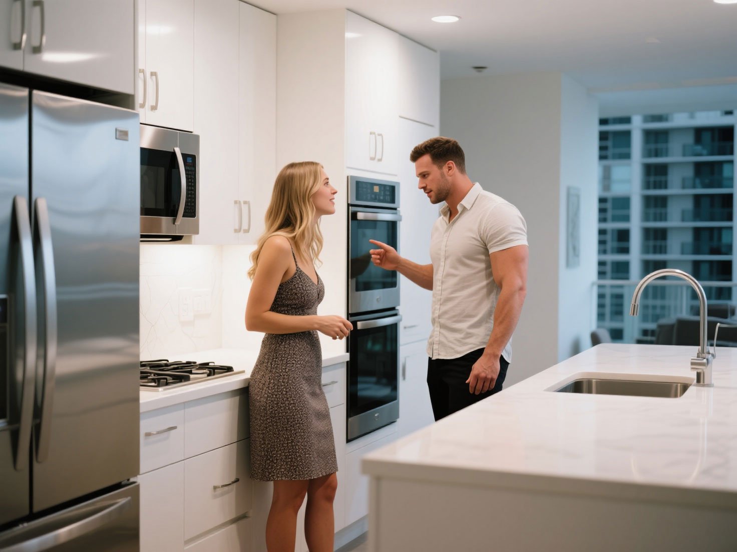 A young couple checking the kitchen at the open house..
