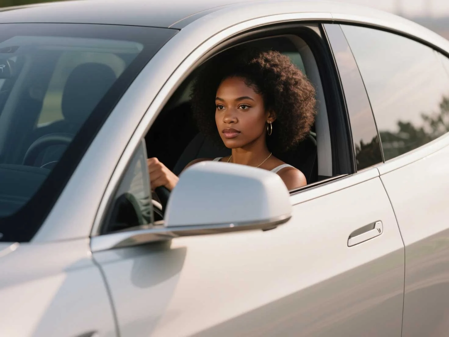 A young woman with curly hair driving a white car during sunset. A comprehensive and collisin overage is the key to keep all risks away on the road.