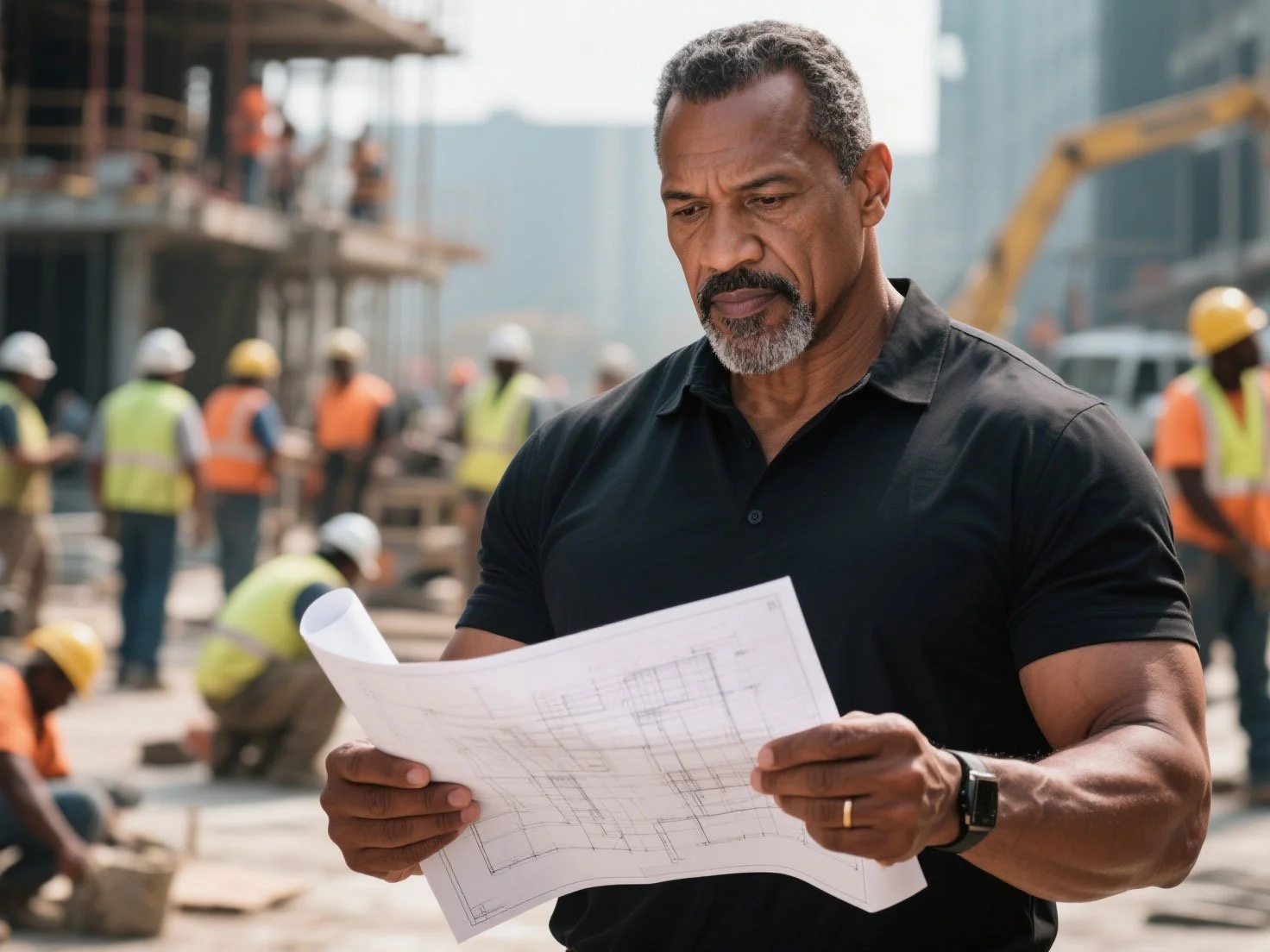 A man with a beard and mustache, wearing a black polo shirt, examining architectural blueprints on a construction site with workers and building structures in the background.