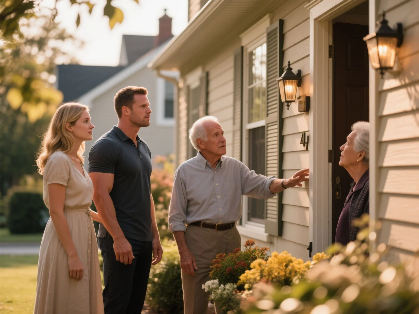 An elderly couple stands by their front door, talking with a younger man and woman on the porch of a suburban home that could benefit from flood insurance protection.