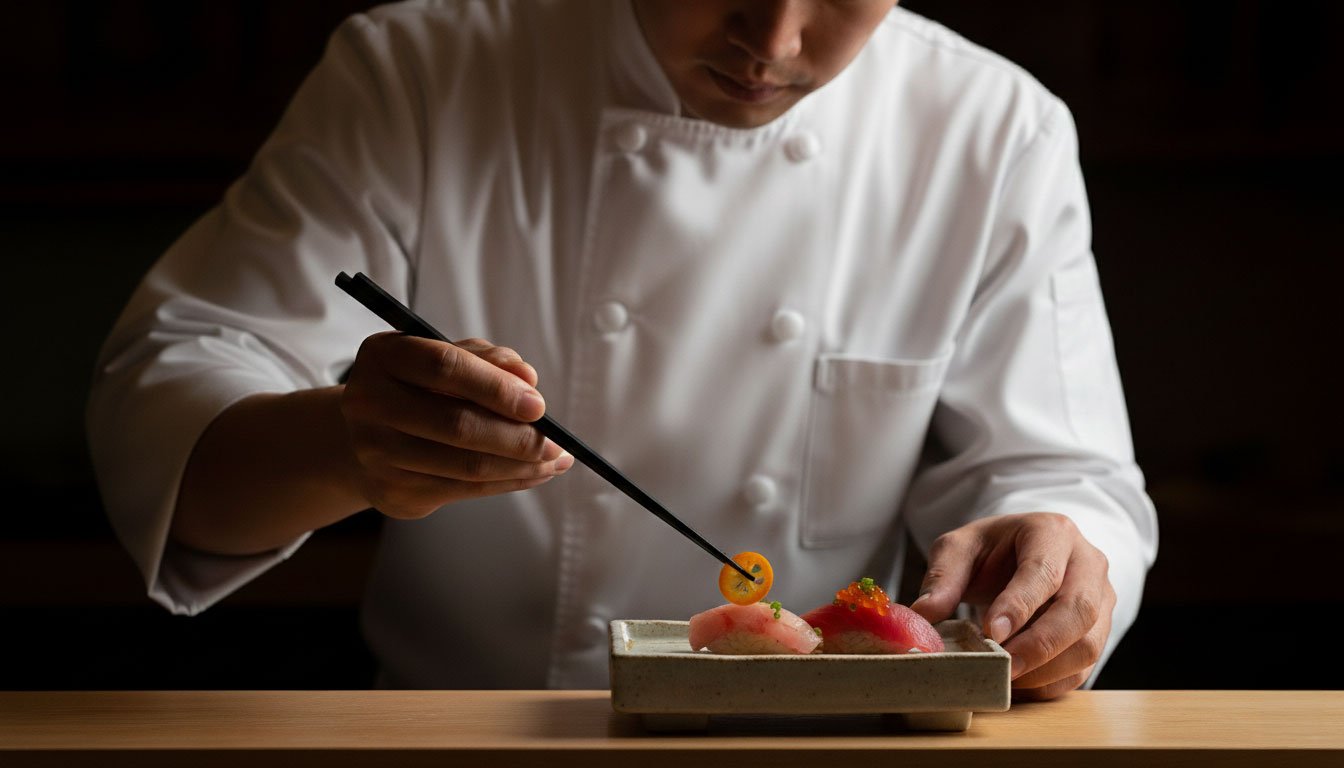 Chef Brian Li delicately places a citrus garnish on fresh nigiri sushi at an authentic Japanese sushi bar.