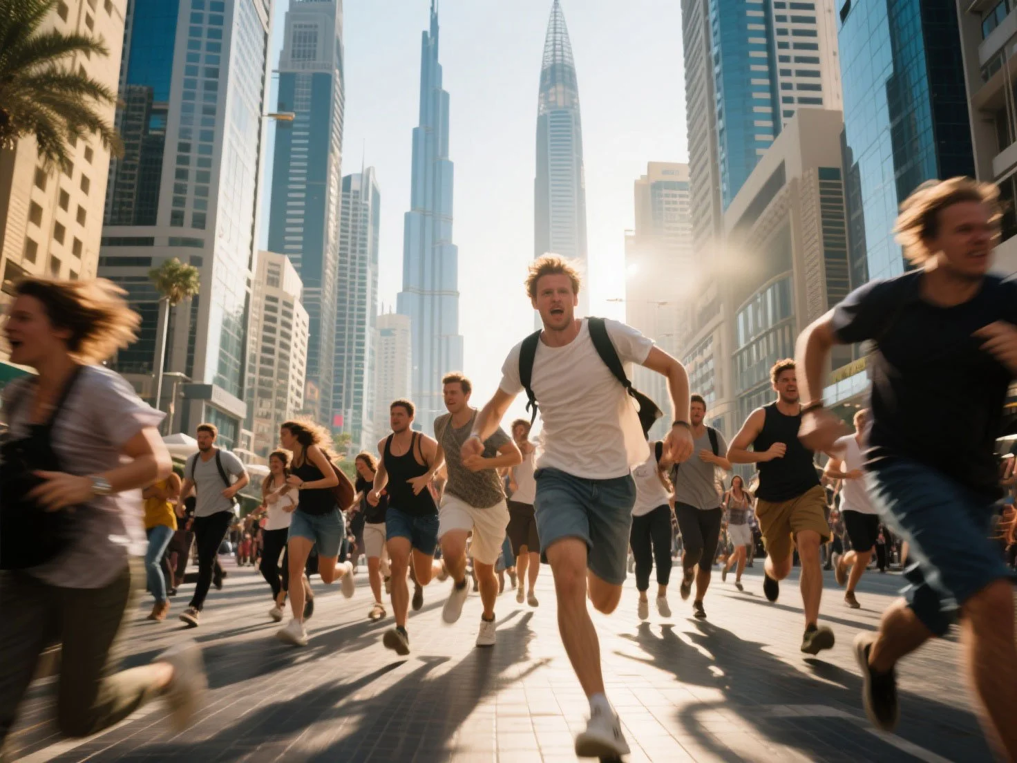 Travelers running in front of the Burj Khalifa in Dubai, showcasing the importance of worldwide travel insurance.
