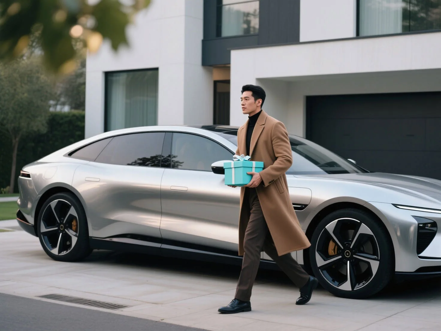 A handsome man walking out from his car with gift in his hands outside his townhouse. Townhouse with HOA has a comprehensive rules and requirement for managing the risks.