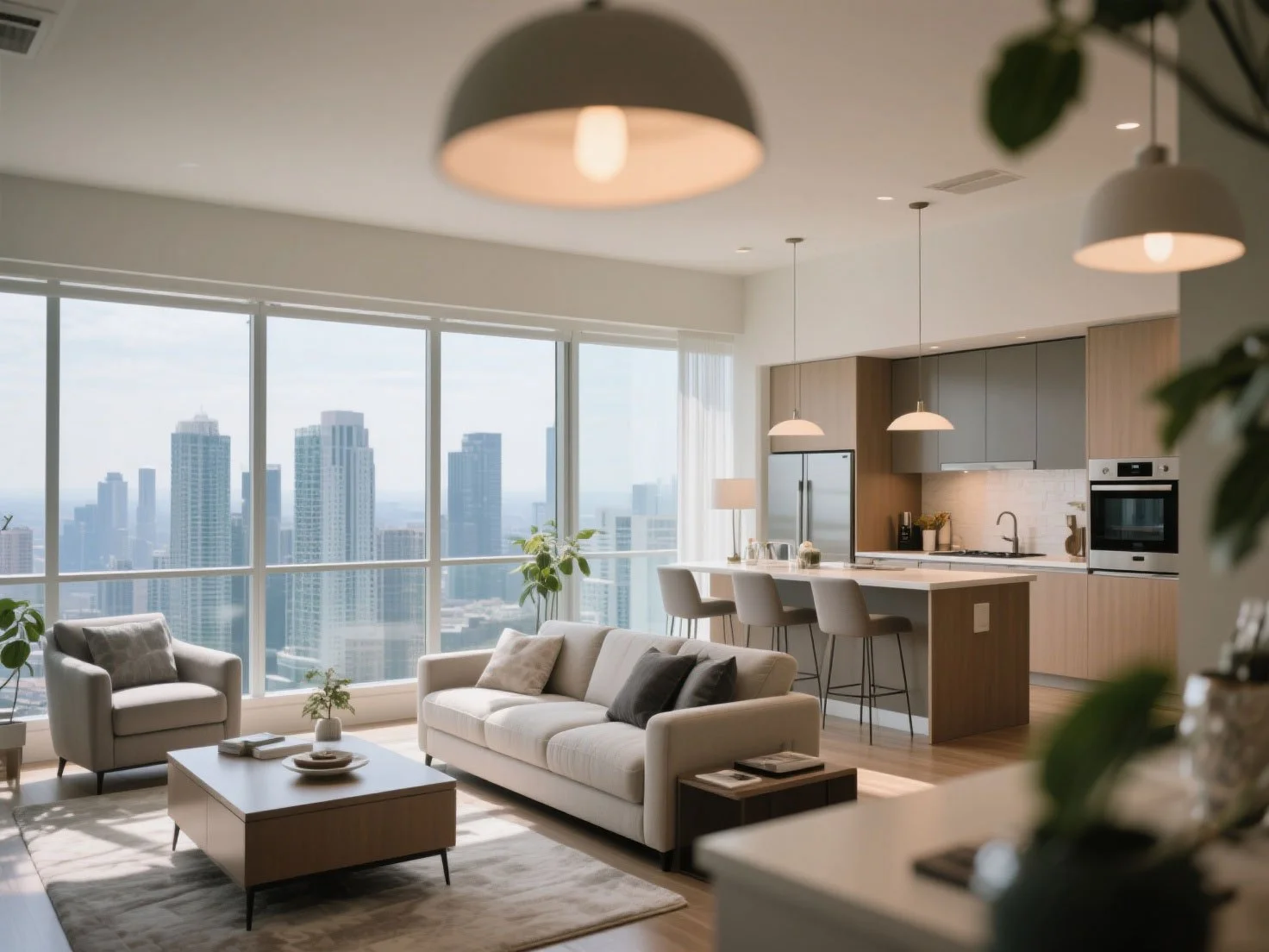 Modern high rise condo with open kitchen and living. The property is protected with home insurance.