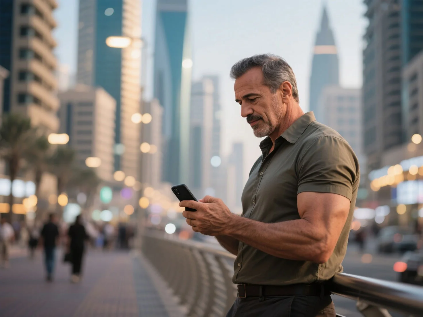 Businessman in a modern cityscape reviews details of the Terrorism Risk Insurance Act (TRIA) on his smartphone.