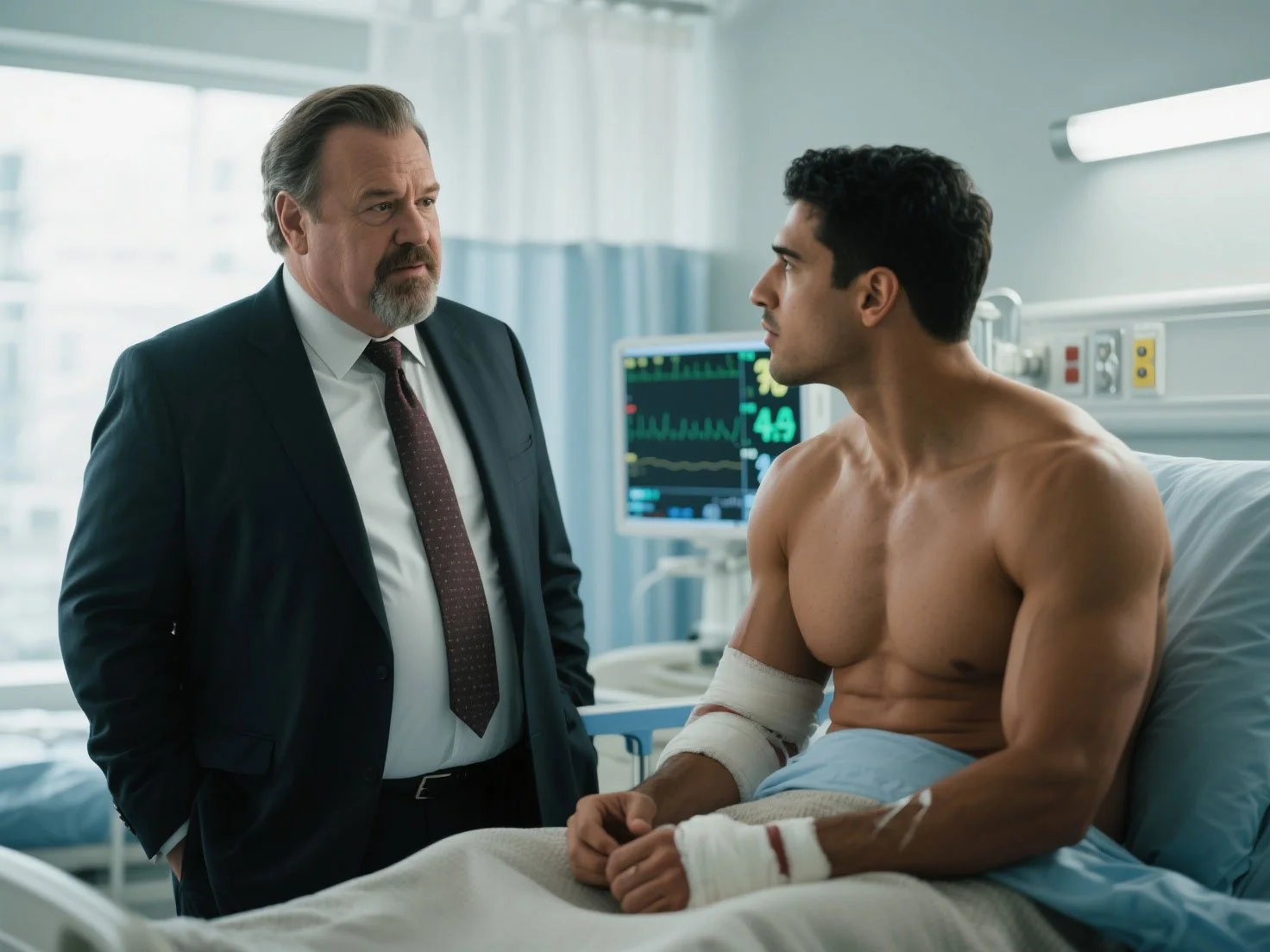 Big boss visting his injured emploee at the hospital.