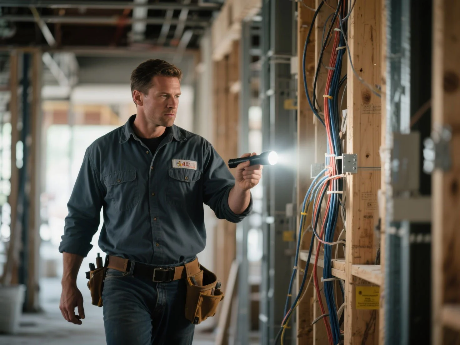 A professional worker inspecting site wiring with a flashlight, highlighting the need for reliable contractor Insurance.