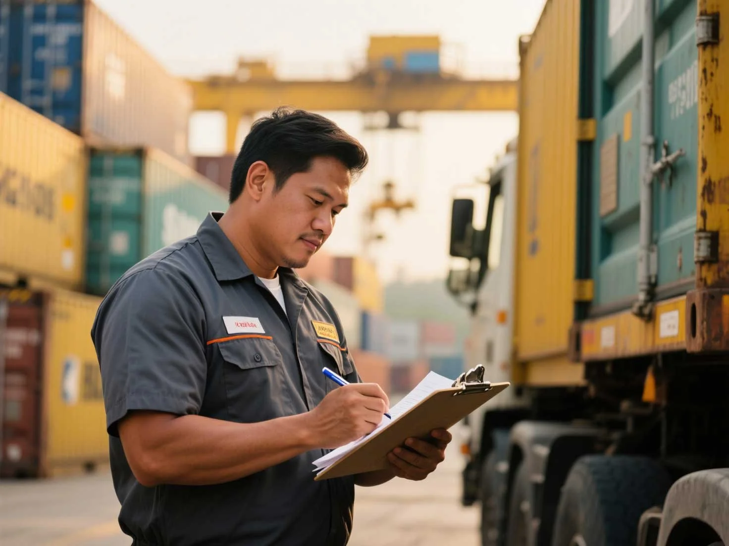 A man working at a shipping yard is writing on a clipboard surrounded by stacked cargo containers. Documentation is crucial step to protect the assets and required by the insurance  marine coverage.