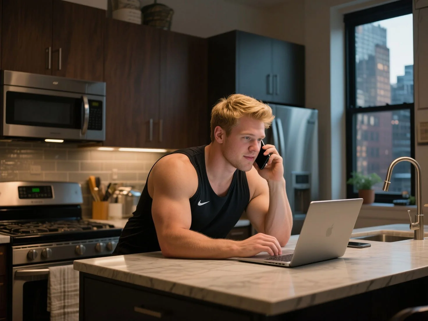 A young man with muscular arms talking on the phone with his insurance broker about his renters insurance quote..