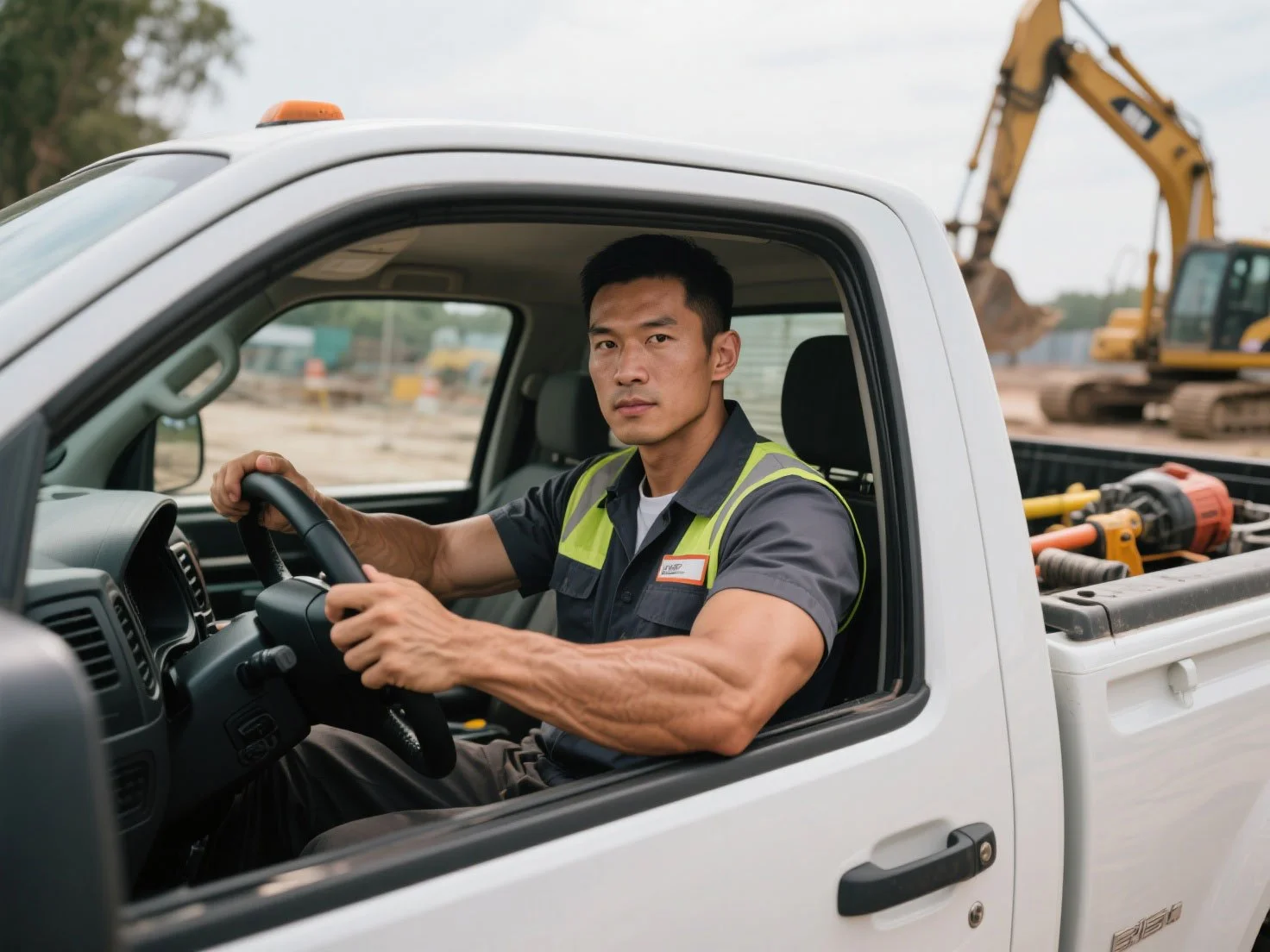 一位身穿安全背心的专业建筑工人在施工现场驾驶白色卡车，背景清晰可见大型黄色挖掘机。鉴于行业风险，全球“再保险”成本的增加会渗透到本地保单中，这一经济趋势正直接影响着重工业项目的风险定价与企业的投保费用。