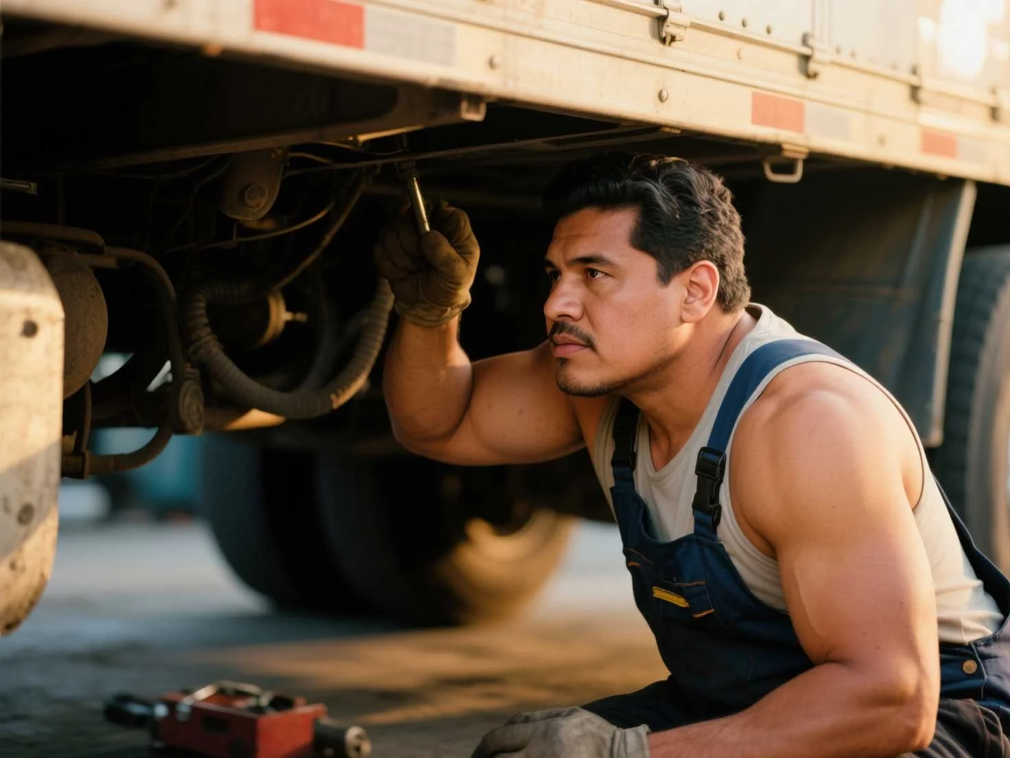 一位穿着蓝色连体裤和白色背心的男士，戴着手套，正在卡车下方工作。