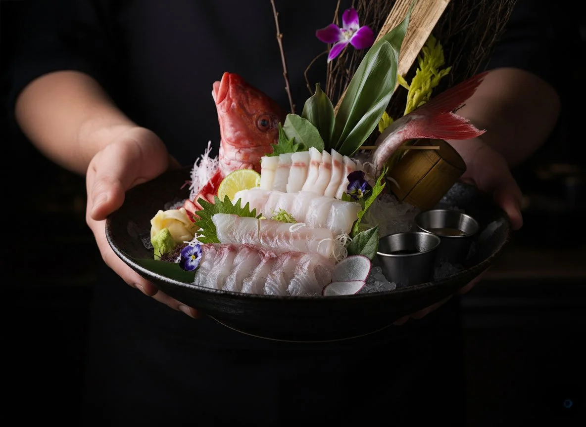 Chef Brian Li delicately places a citrus garnish on fresh nigiri sushi at an authentic Japanese sushi bar.