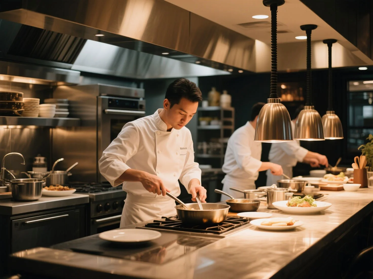Kitchen chef and cooks are cooking the orders.