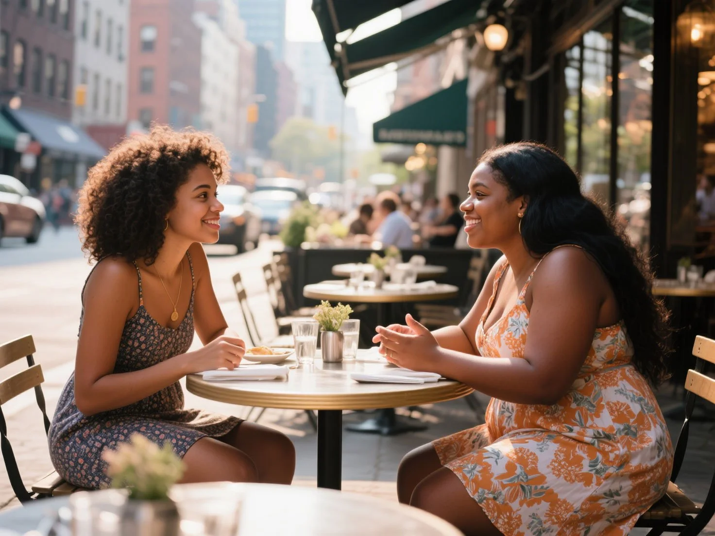Two roomates smiling and talking at an outdoor cafe table. They just bought the renters insurance after they move in a new apartment.