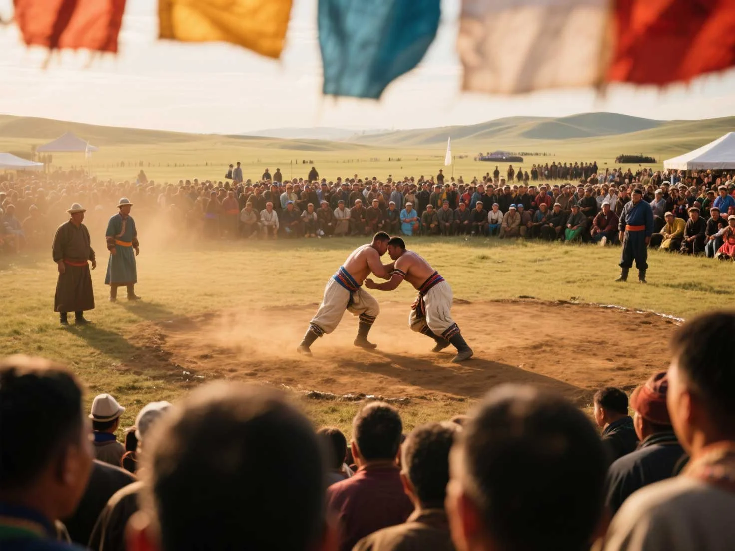 Travelers visited Mongolia, watching two wrestlers compete in a traditional outdoor event, surrounded by spectators and colorful flags, an exciting scene for traveler insurance promotions.