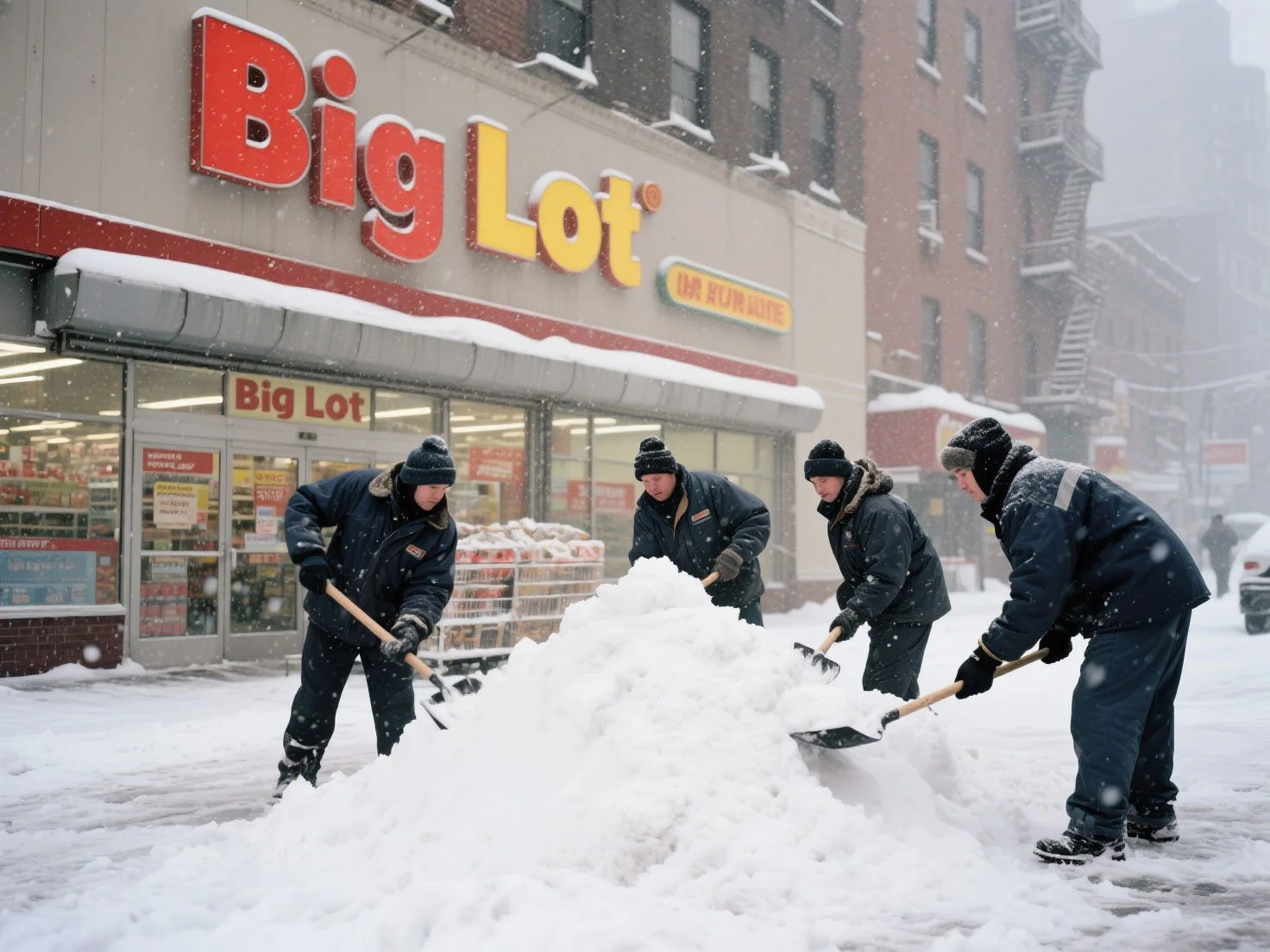 Four workers shovel a large pile of snow in front of a "Big Lot" store during a snowstorm.