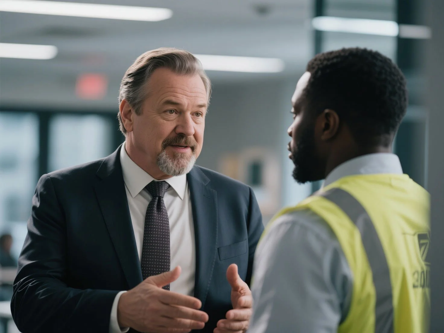Two men are having a conversation. One is dressed in a business suit, and the other is wearing a reflective safety vest.