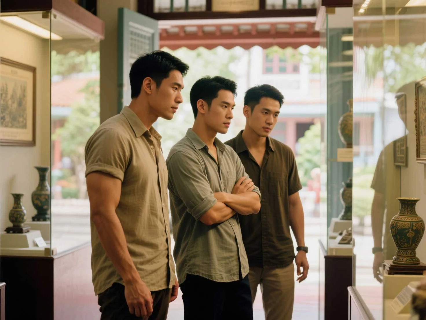 3 asian male visiting Nyonya museum at Penang, Malaysia.