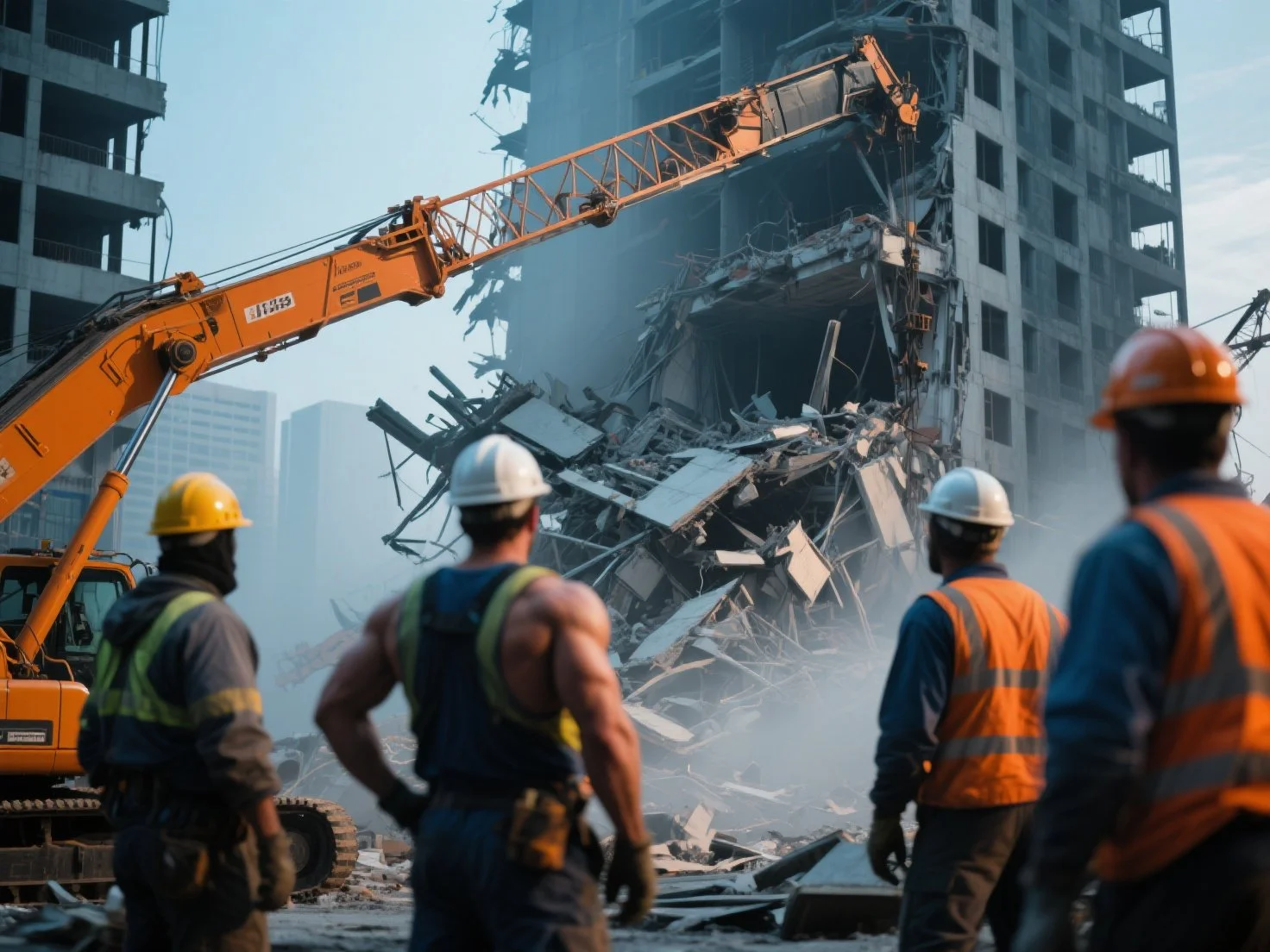 Constructin workers looking over a demolision.