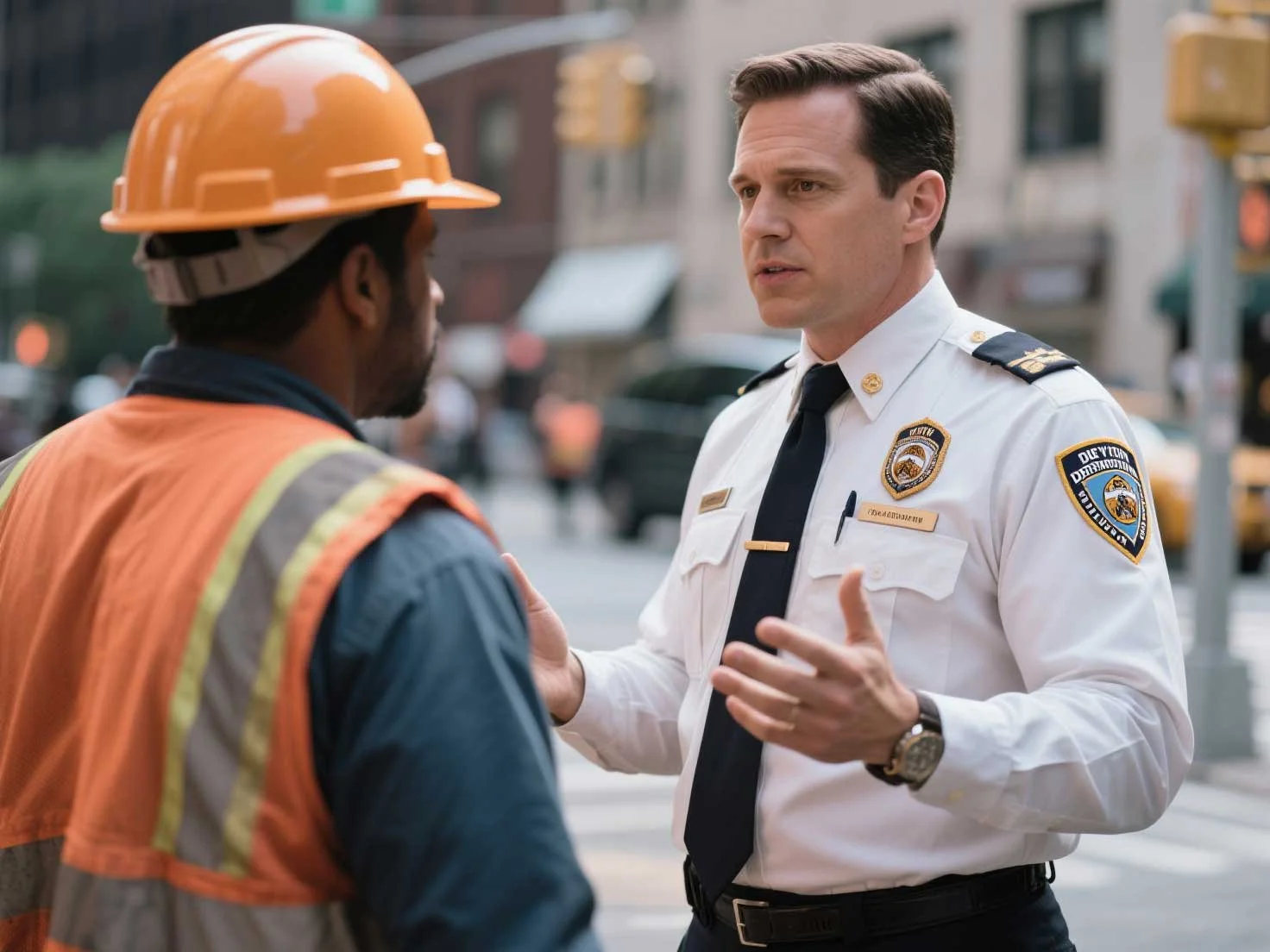 A police officer in uniform talking to a construction worker wearing an orange safety vest and helmet on a city street.