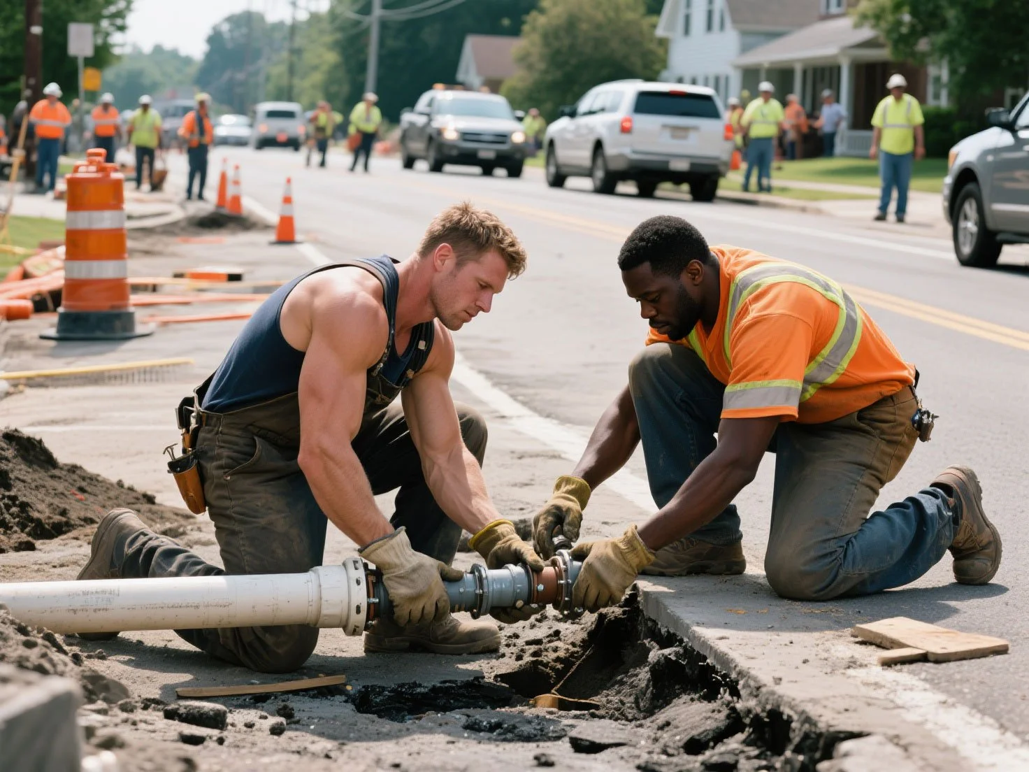 Two construction workers. The contractor company could be protected from commercial umbrella insurance that cover property damage.