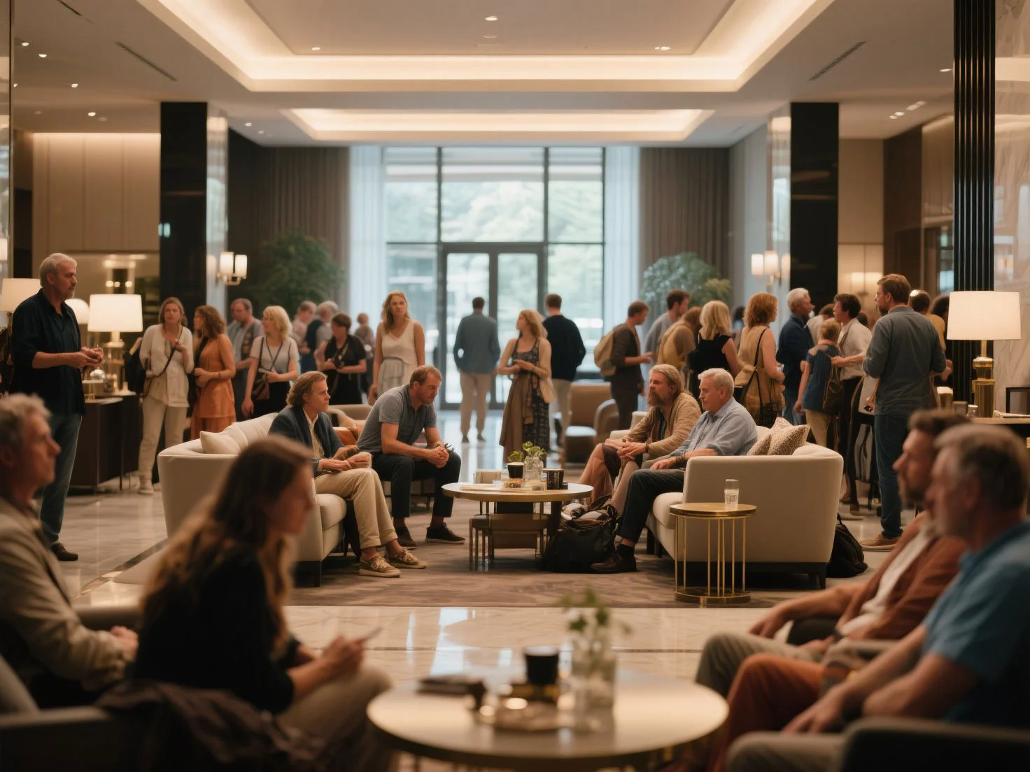 Busy lobby of a modern commercial building protected by the Terrorism Risk Insurance Act (TRIA) regulations.