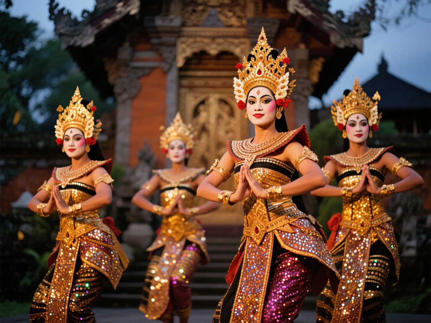 Four Balinese women in traditional gold and black costumes with ornate headpieces perform a dance outdoors at dusk.