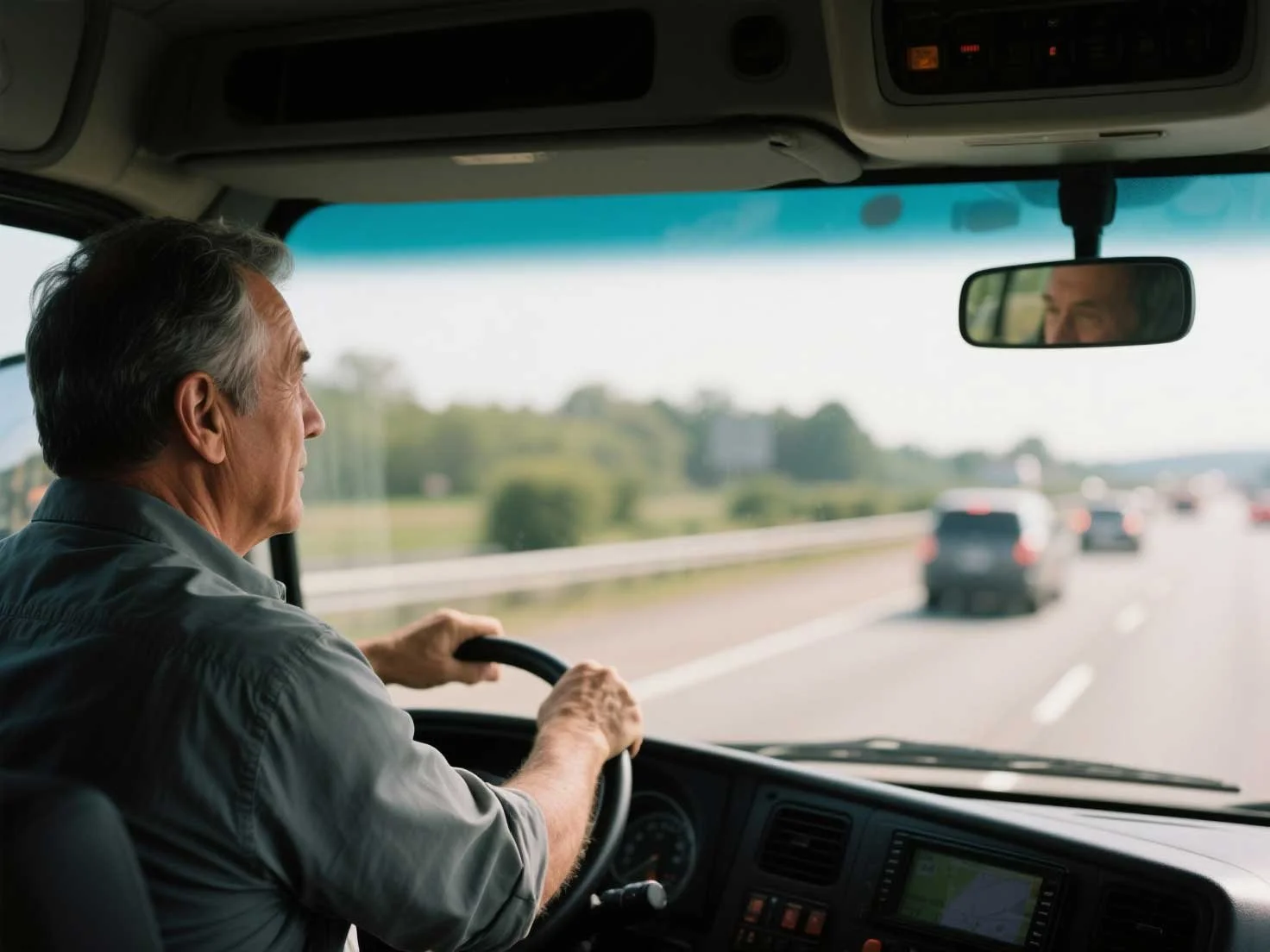 An older man drives a commercial vehicle on a highway, suitable for discussions about commercial auto insurance.
