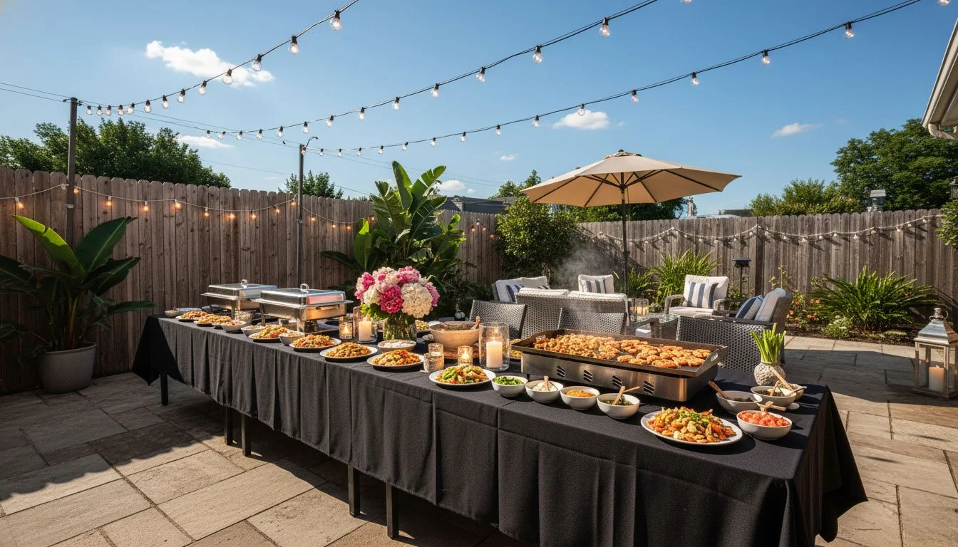 Backyard catering service buffet featuring warm chafing dishes, platters, and patio seating under string lights.