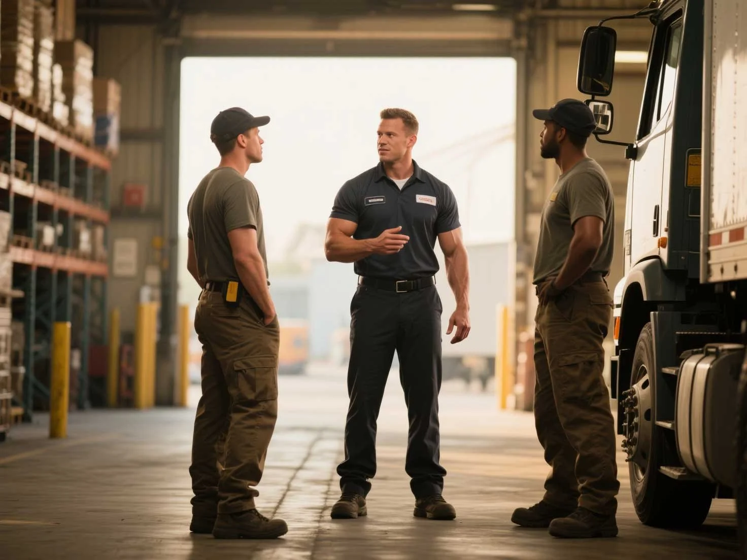 Three male workers having a conversation inside a warehouse near trucks and shelving.