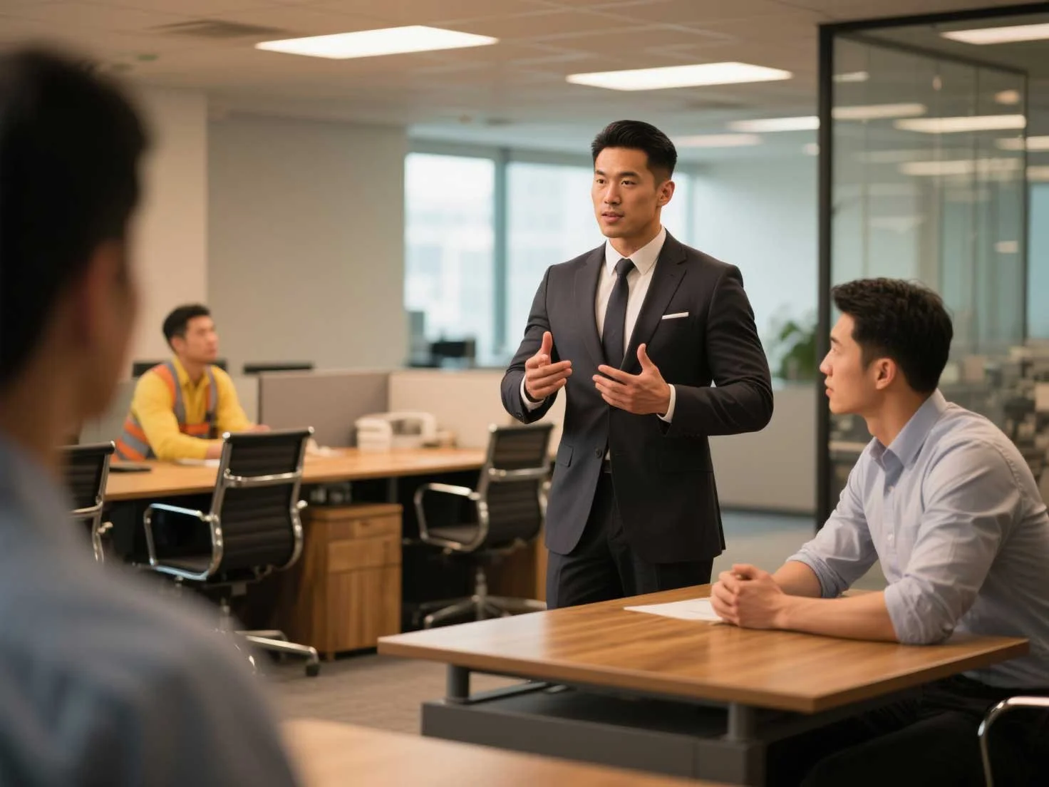 Business professional standing and speaking to a seated audience in a modern office conference room.