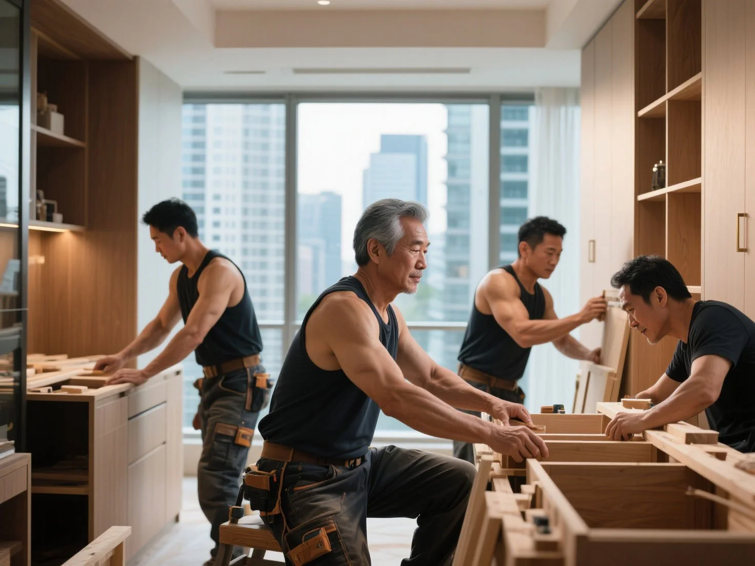 Carpenters building the build-in wall unit in a high end condo unit.