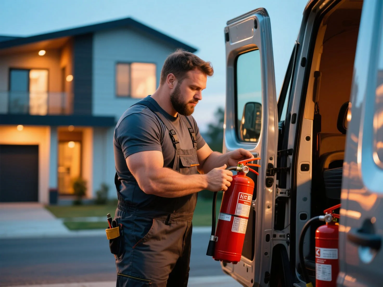 A man wearing work overalls standing outside by a van, holding a red fire extinguisher, preparing it for use during sunset.
