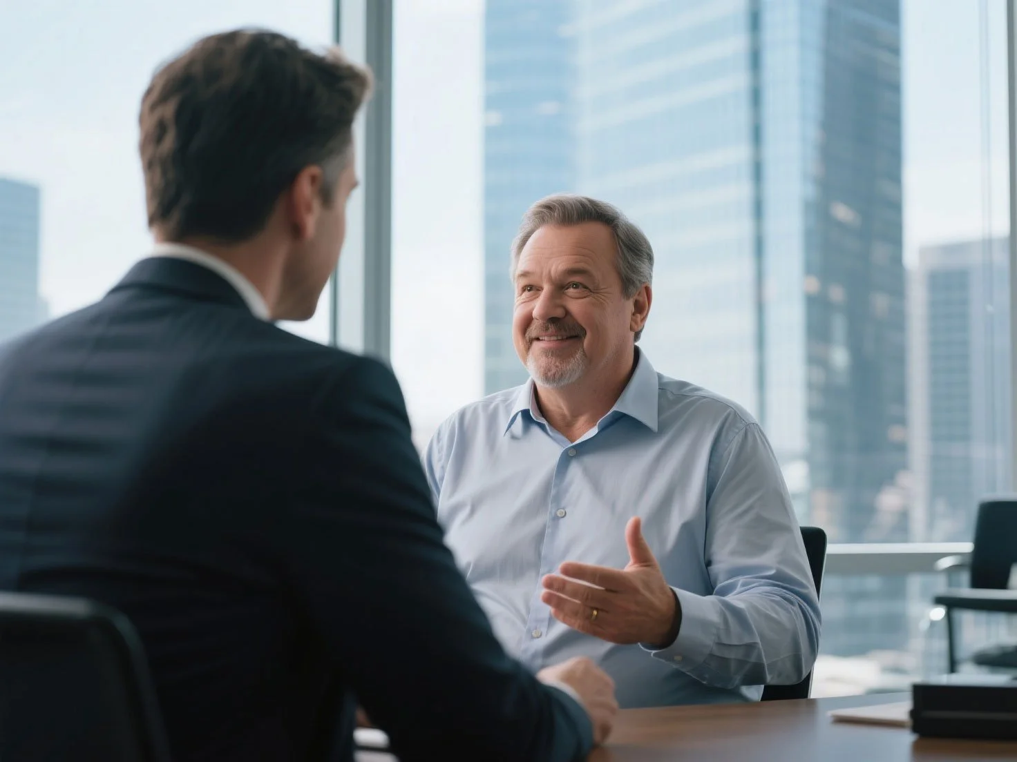 A building owner is discussing the owners interest insurance with his insurance broker in New York office.