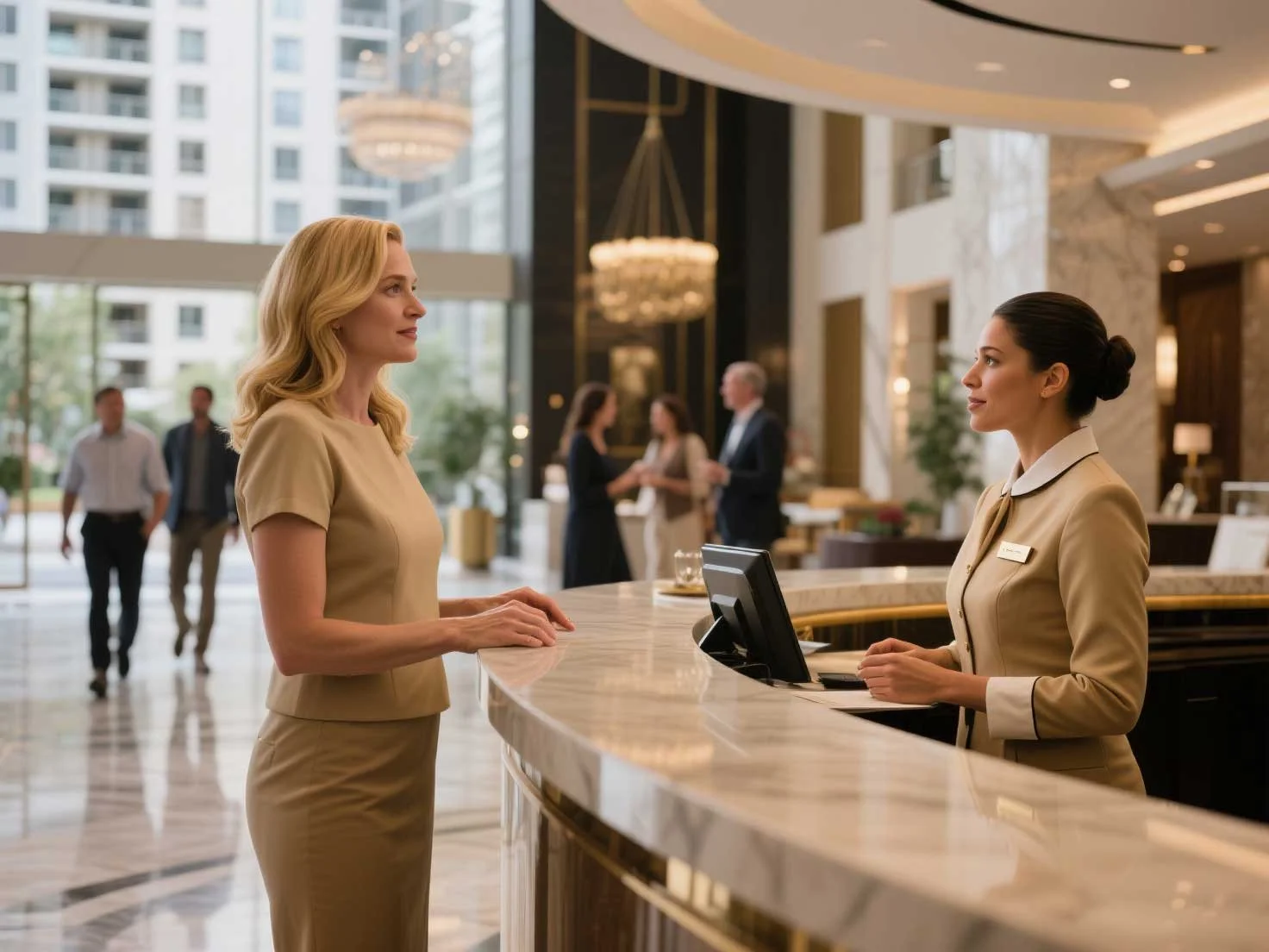 A woman is discussing her requirement of umbrella insurance policy with the building cncierge.