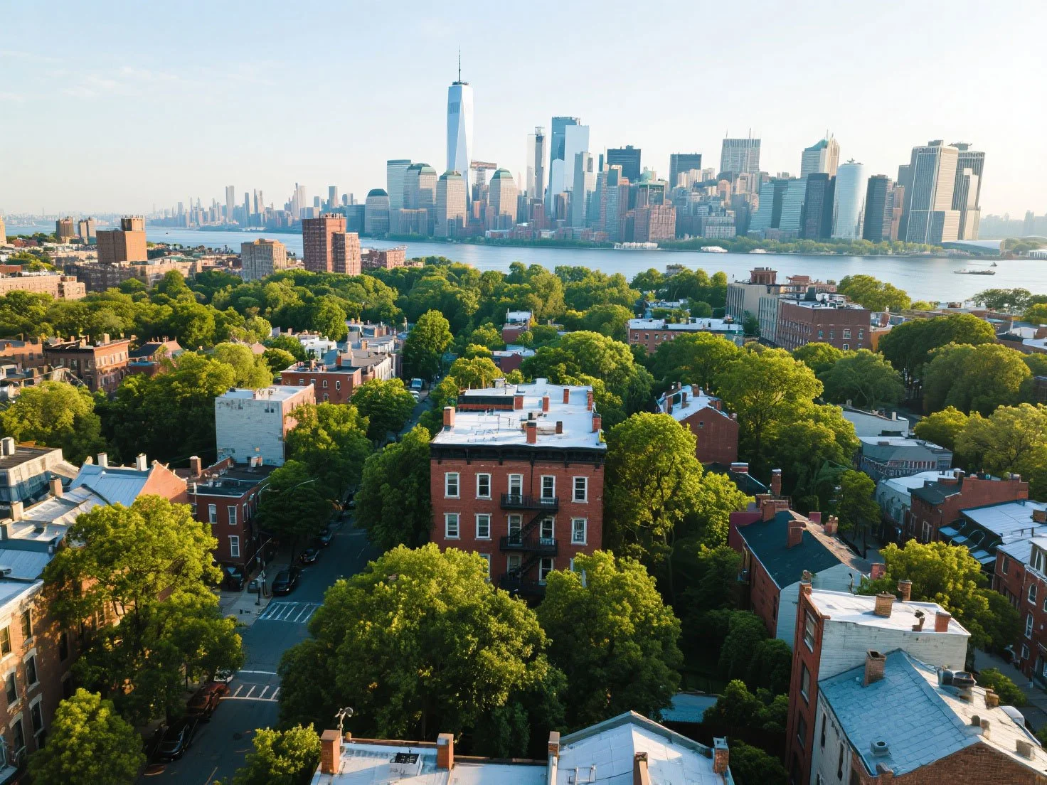 Condo and townhouse insurance policies might seem similiar, an ariel view of New York City with townhouse neightborhood and condo buildings in downtown.
