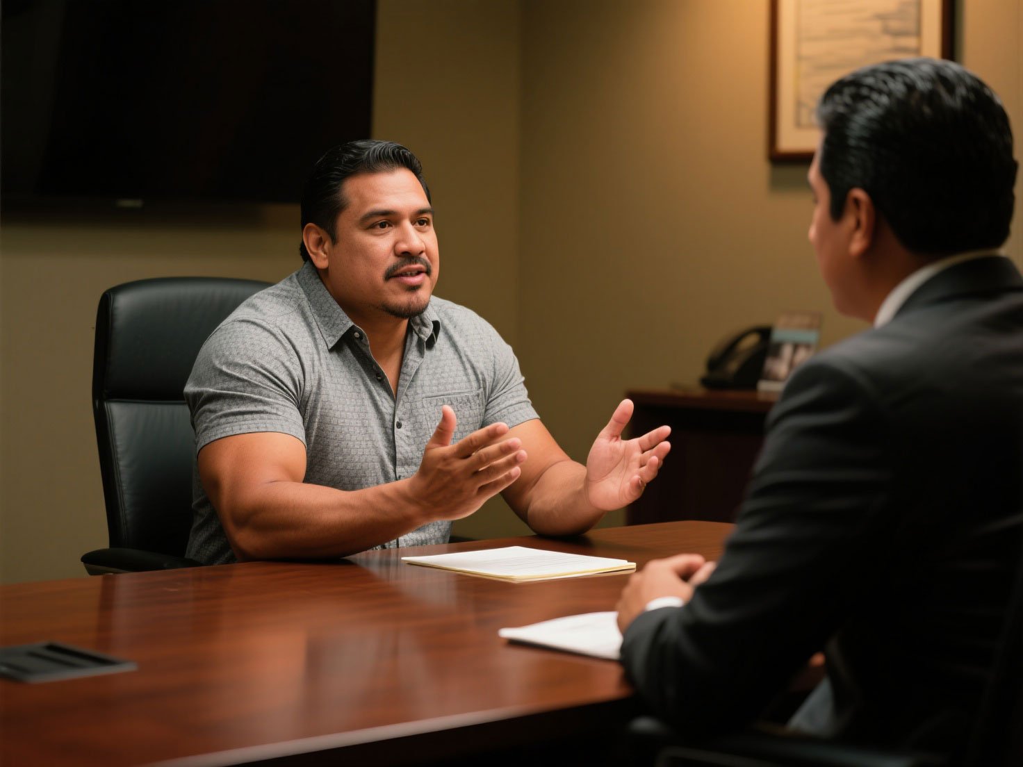 Two men having a business discussion in an office, one gesturing with hands, the other listening.