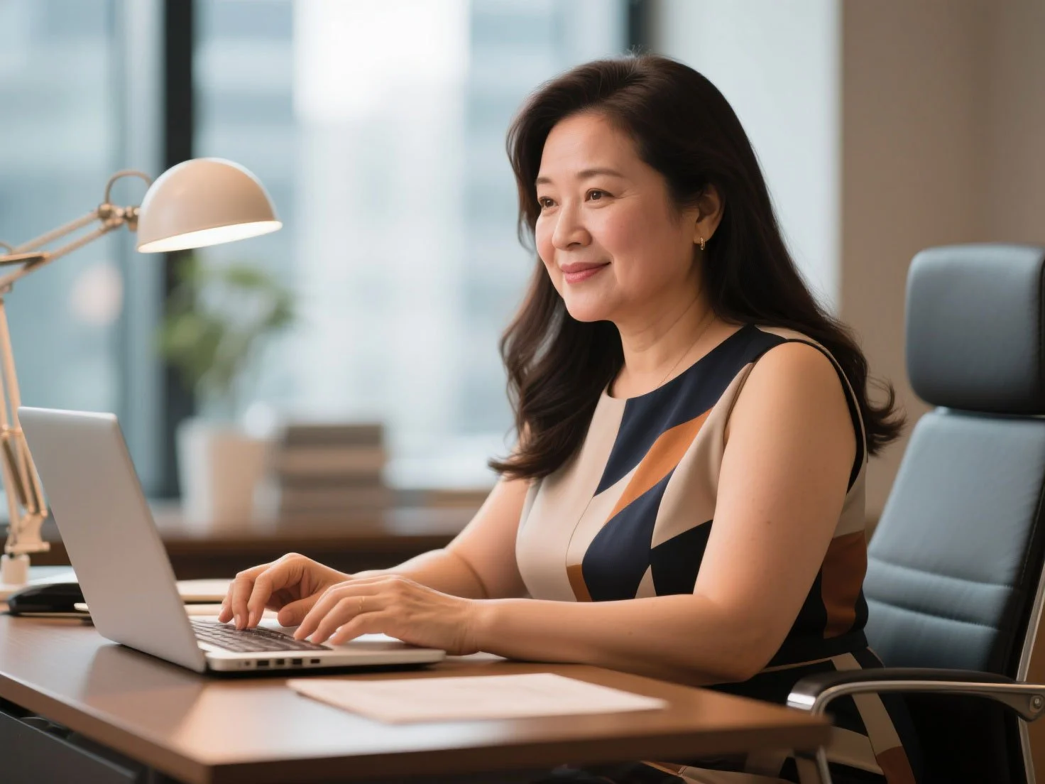 A middle-aged woman with dark, wavy hair, sitting at a desk in an office, smiling as she looks at her laptop.